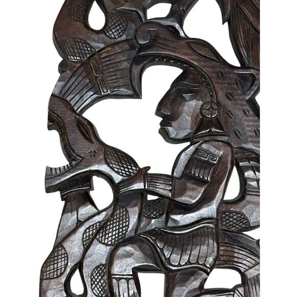 Vintage Mayan Aztec Handcarved Wood Wall Panel 19" by 10" - Picture 2 of 3